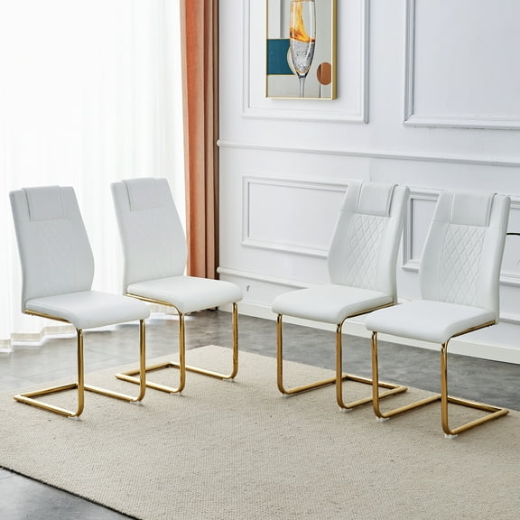 Set of 4 Modern Dining Chairs, White PU Faux Leather Padded Seat with Metal Legs for Dining Room