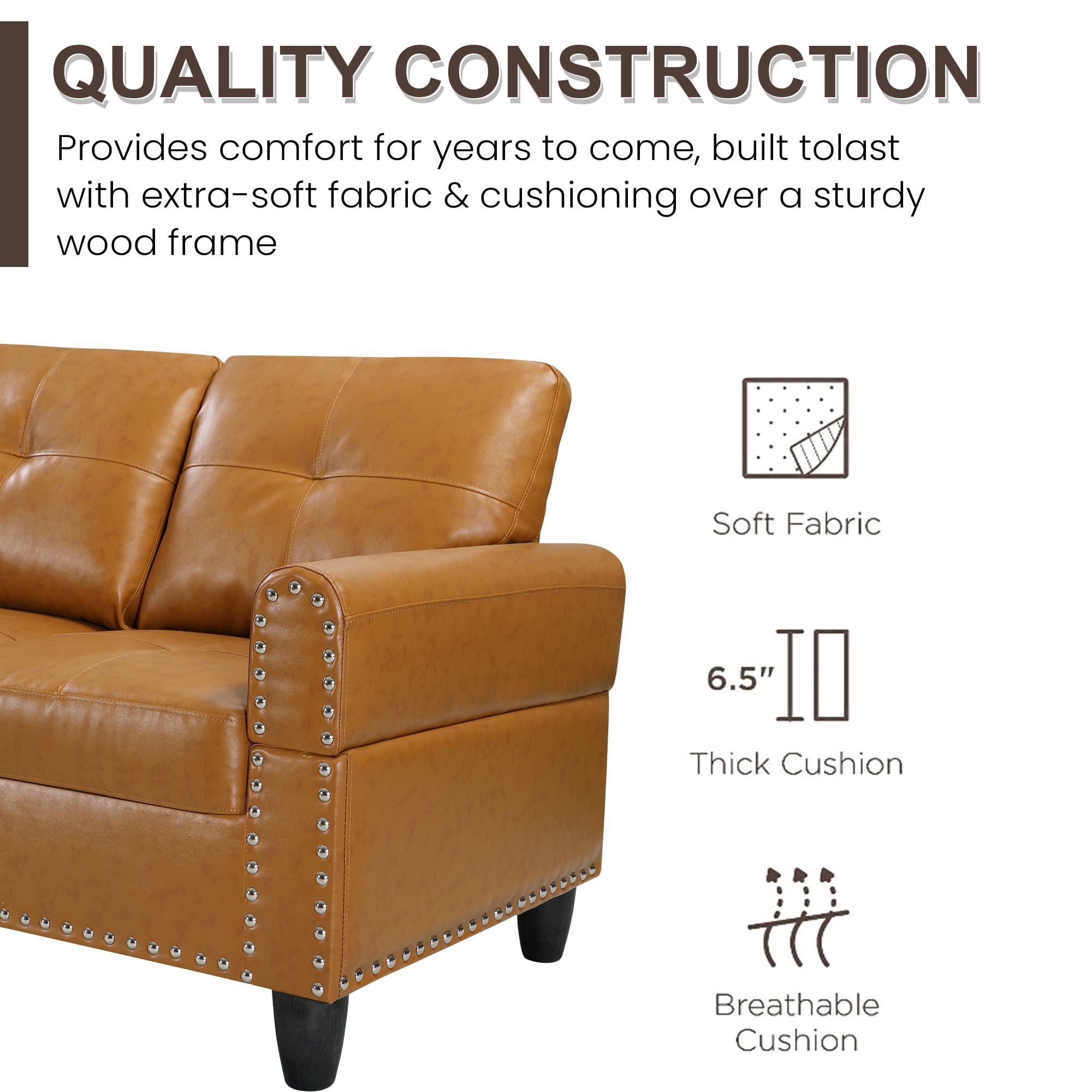 DEALTOPS L-Shaped Sectional Sofa Set with Storage Ottoman - Leather Upholsted Sofa Couch, Nailhead Trim, Yellow
