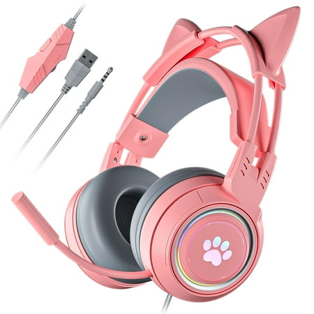 TSV Cat Gaming Headset for PC, PS4, Xbox One, Wired Cat Ear Headphones with Noise Cancelling Microphone, Stereo Surround Sound, RGB Light, 3.5mm Aux Headset for Girls, Girlfriends, Kids, Pink