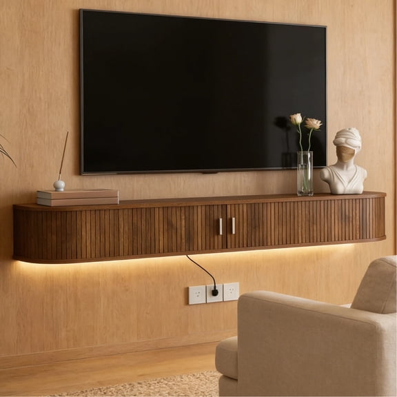 HIUU 69" Walnut TV Stand,Wall Mounted TV Stand with 16 Color LEDs,Floating TV Stands with storage,Modern TV Stands with Sliding Doors for Living Room