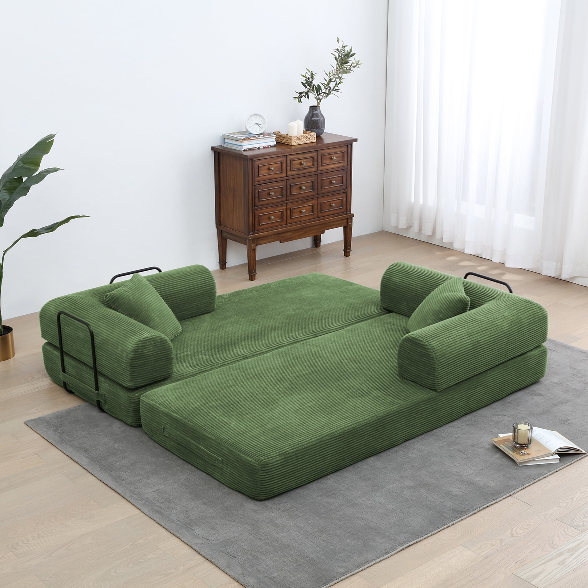 Miniyam Convertible Sleeper Sofa Bed with Cylindrical Pillow - Corduroy Folding Mattress Couch with Fixed-Shape Frame for Living Room, Bedroom, Lounge, Studio - Olive Green