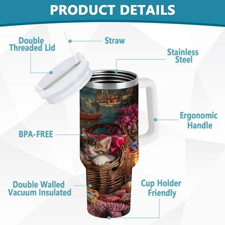 

YAZAOO Tumbler 40oz Insulated Stainless Creative Kittens in A Cozy Basket Pattern Steel Water Bottles