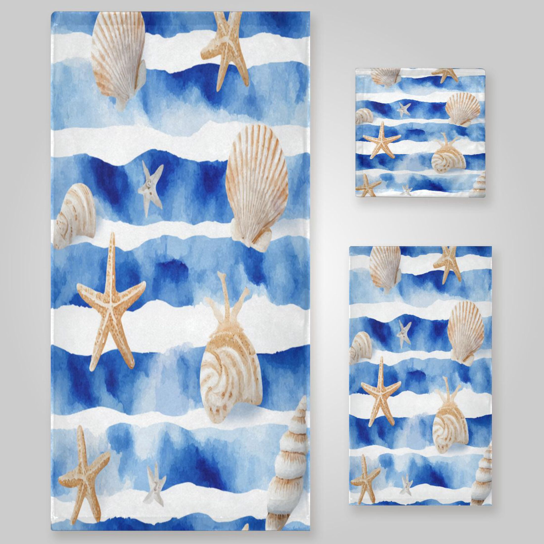 3 Sizes Towel Set - Bath Towel, Hand Towel & Washcloth for Daily Household Use Blue Nautical Stripes Pattern
