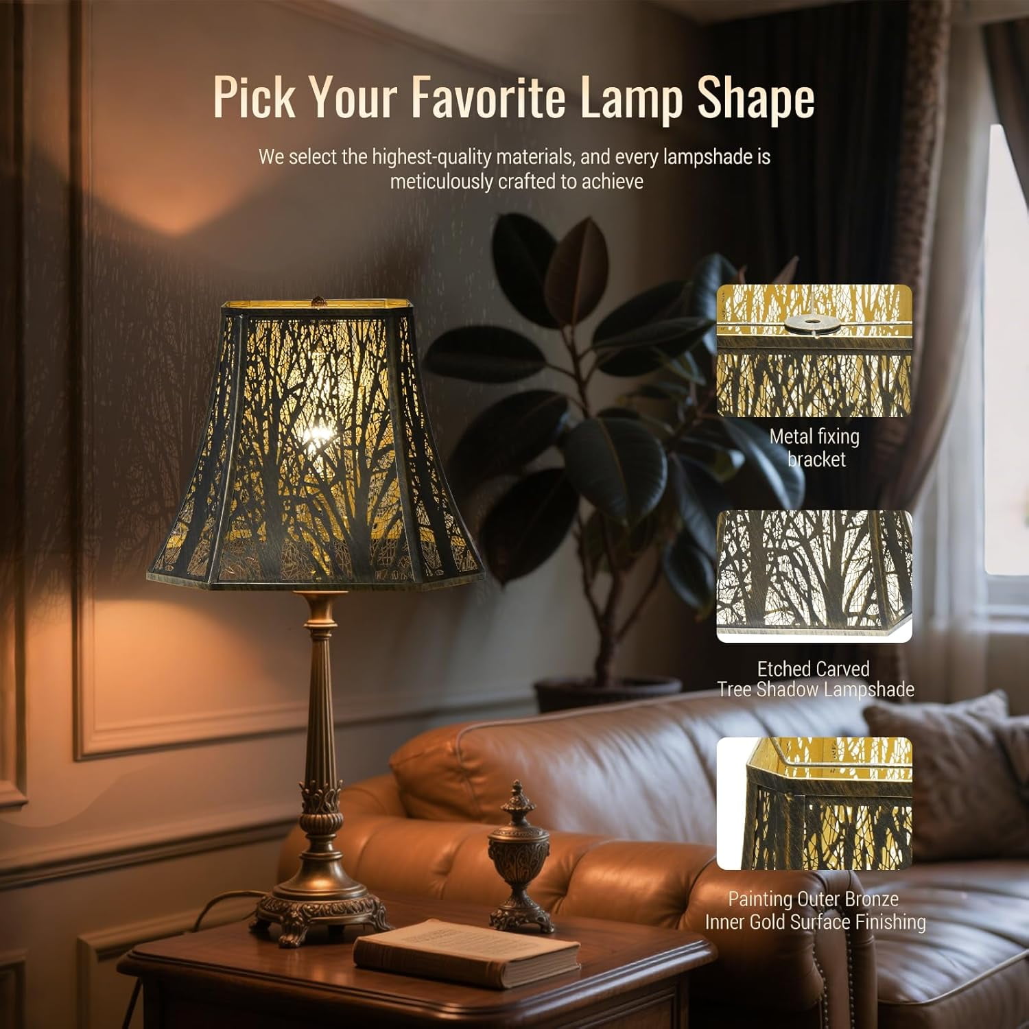 Large Bell Lamp Shades For Floor Lamp,SWAIFDEE Metal Square Lampshade For Table Lamps with Tree Pattern 8x14x11"H Spider Bronze Lamp Cover