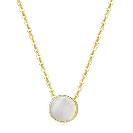 Solid Gold Pearl Carleen 14K Solid Yellow Gold Mother of Pearl Tiny Dot Round Coin Dainy Necklace Pendant for Women Girls, 18