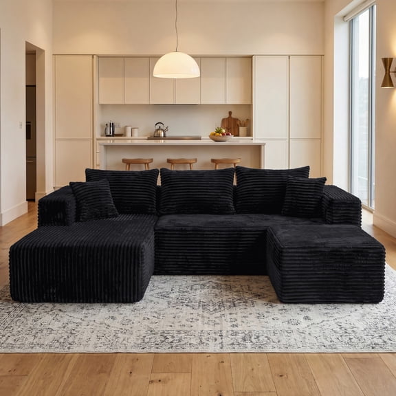 Anybox 92.5" Corduroy U-Shaped Sectional Sofa, Modular Boneless Couch with Left-Facing Chaise, Ottoman and Deep Seat, No Assembly, Black