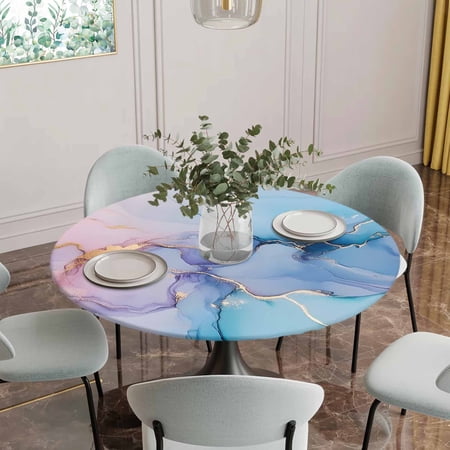 Fitted Tablecloth for Round Table Blue Gradient Marble Water Ripple Table Cover with Elastic Edge Waterproof Table Cloth Gold Foil Abstract Stripe Circle Table Covers for Kitchen Indoor Outdoor