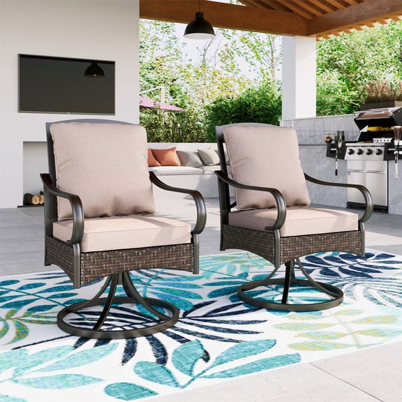 MF Studio 2-Piece Outdoor Swivel Dining Chairs with Wicker Frame & Cushions, Black & Beige