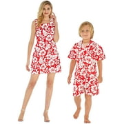 Matching Mother Son Hawaiian Luau Outfit Women Dress Boy Shirt Shorts Classic Vintage Hibiscus Red
