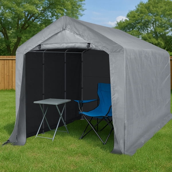 8'X12' Gray Outdoor Storage Shelter Shed  PE Fabric Carport with Removable Sidewalls, 6 Ground Bars, 23 Stakes & Wind Ropes - for Trucks, Boats, ATVs, and Garden Tools