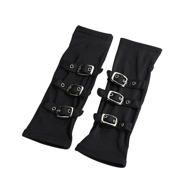 Guantes largos para mujer con orificio para el pulgar, 3 hebillas, decoración, elegantes guantes sin dedos para fiesta de Cosplay, color negro