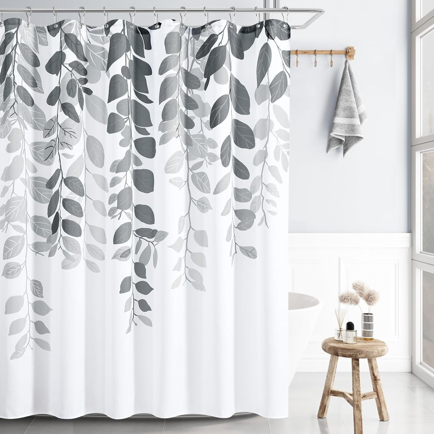Silver Gray Botanical Shower Curtain for Bathroom Modern Eucalyptus Shower Curtains Floral Watercolor Natural Bath Curtain Set Light Gray Leaves Spring Garden Plants Bathroom Decor 72x72