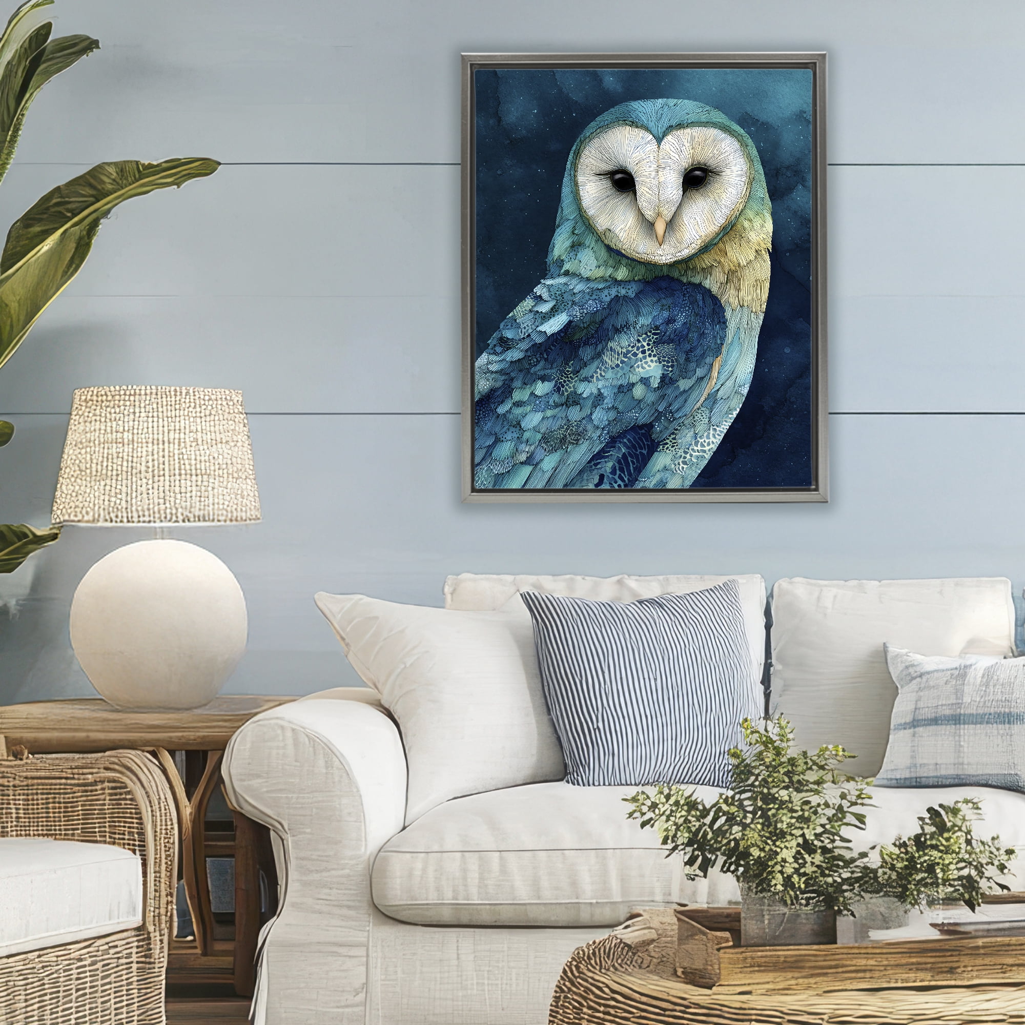 Stupell Industries Cerulean Blue Owl Gray Framed Floater Canvas Wall Art, design by Franklyn Gregory