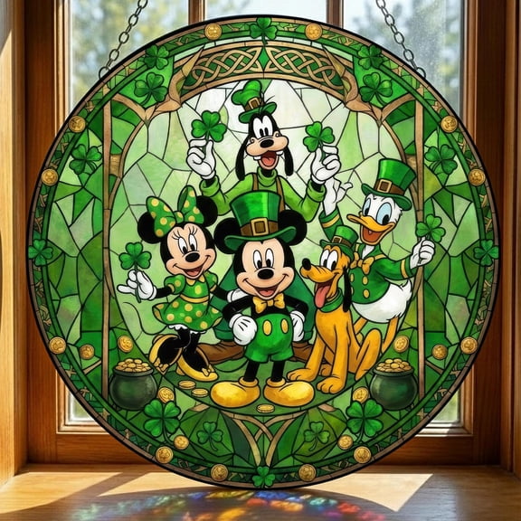 Mickey and Friends St. Patricks Glass Suncatcher, Lucky Shamrock, Disney Irish Decor, 3.5 in
