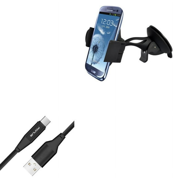 Premium Car Mount Windshield Holder Swivel Cradle w Cotton Braided 6ft Long Type-C USB Cable E6E Compatible With LG G7 ThinQ, Stylo 4 - Motorola Moto Z3 Play Z2 Force Z Force Droid G6