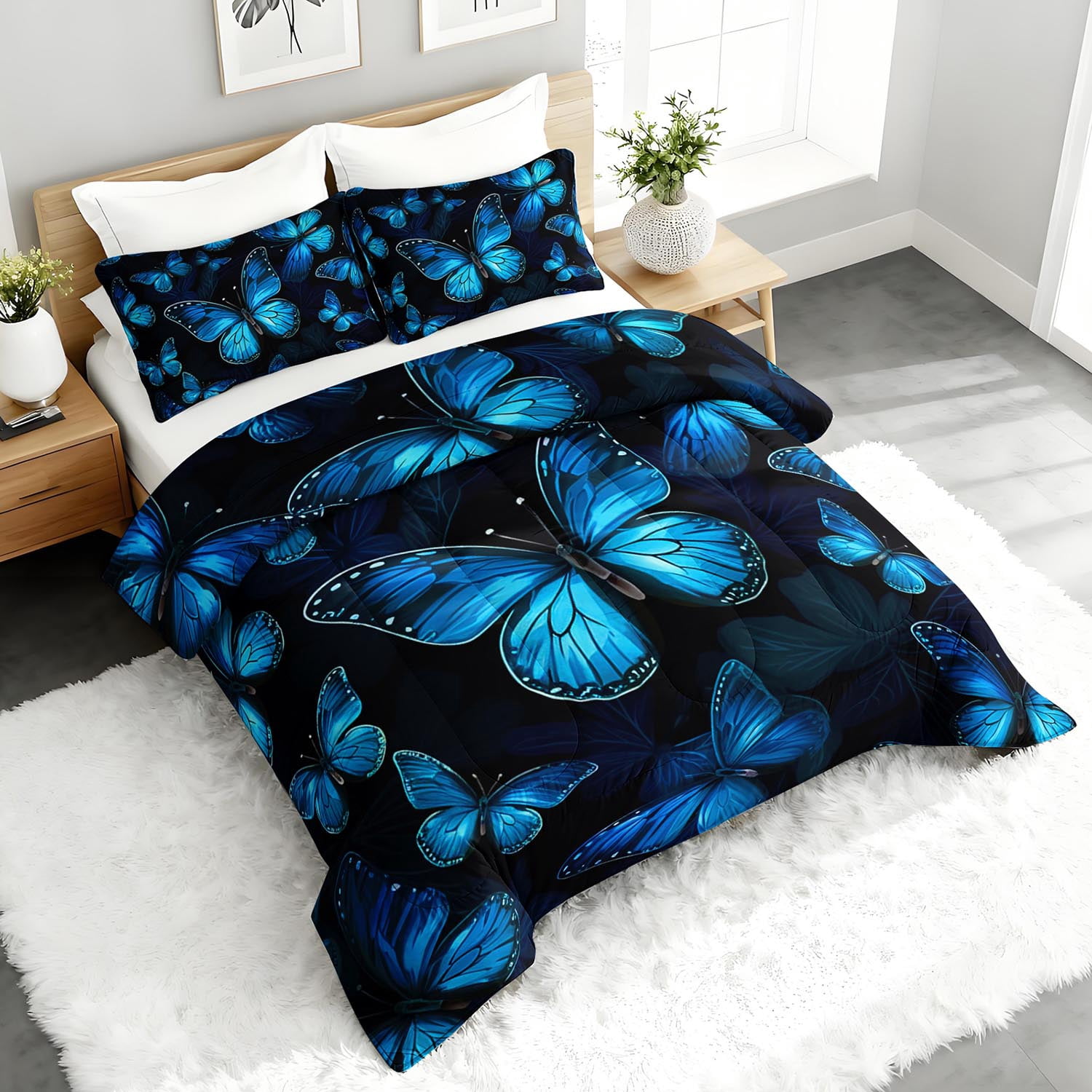 3pcs Blue Butterfly Comforter Set, Vibrant Butterfly Bedding Set for Bedroom or Guest Room Decor, All Seasons Quilt Machine Washable Duvet with 2 Pillowcases