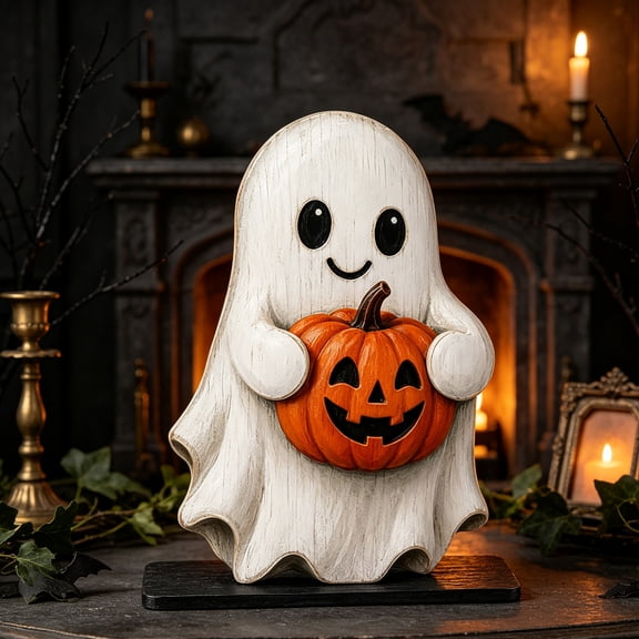 Homellea Halloween Ghost Pumpkin Tabletop Decor, 6.3 Inch Flat Wood Tabletop Sign with White Ghost with Orange Pumpkin on Black Base for Mantel, Shelf and Tabletop, Seasonal Home Decor