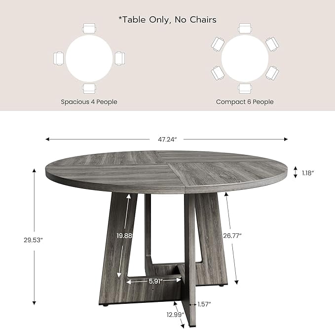 Gelloan 47" Round Dining Table for 4-6 Persons, Modern Farmhouse Wooden Kitchen Table for Dining Room Kitchen,Gray (Only Table)