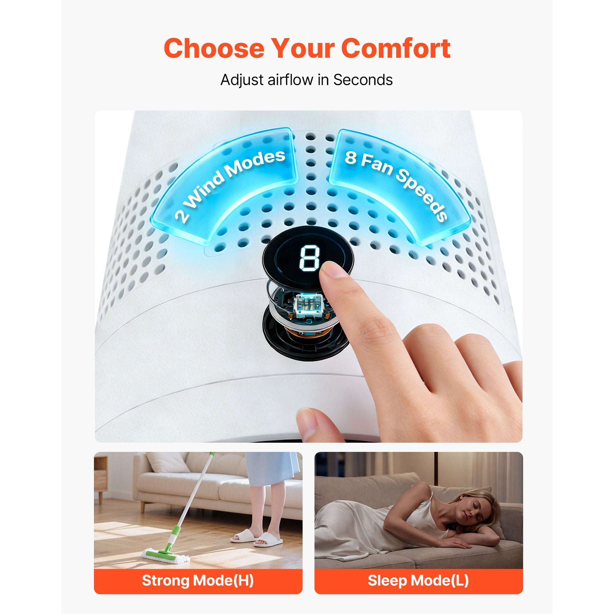 Tower Fan Bladeless 35dB 80° Oscillation 8 Speeds Sleep Mode with Remote for Bedroom Living Room