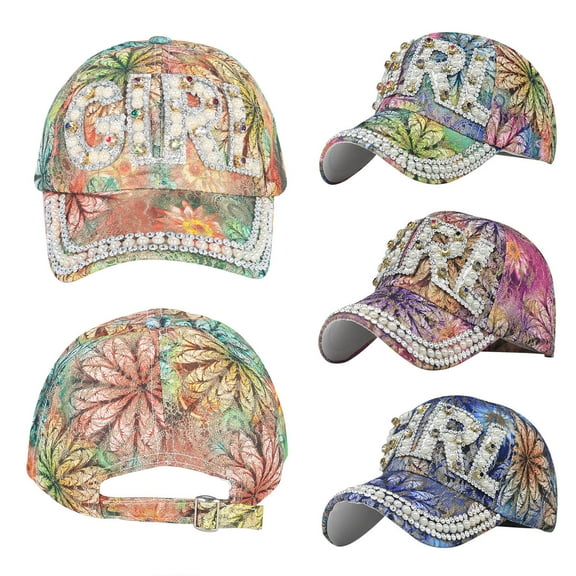 Womens Floral Print Baseball Cap Adjustable Summer Casual Star Detail Visor