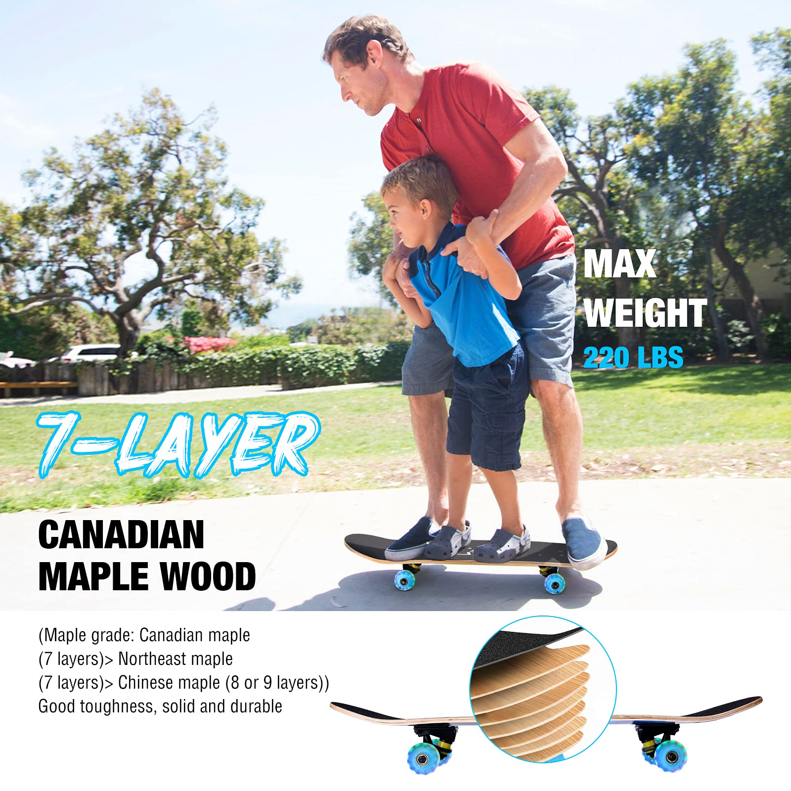 GIEMIT Skateboard with LED Light Up Wheels 31 x 8 Inch Complete Skateboard for Beginners Kids Teens Adults,7 Layers Canadian Maple Wood Deck Standard Skate Boards with All-in-1 Skate T-Tool 