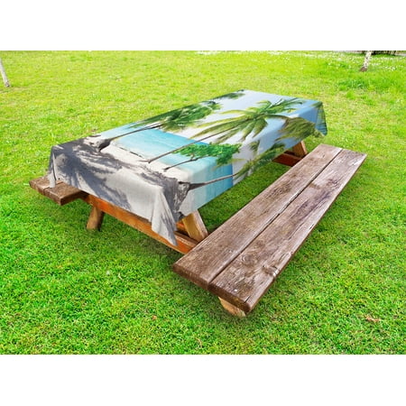 

Beach Outdoor Tablecloth Palm Leaves in Catalina Island Dominic Seashore Coastal Panoramic Picture Decorative Washable Fabric Picnic Tablecloth 58 X 120 Inches Green Aqua Coconut by Ambesonne
