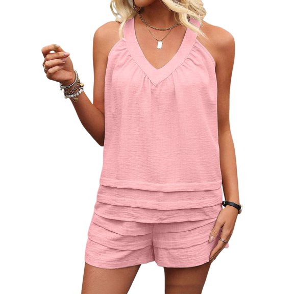Women'S 2 Piece Vacation Outfits Sleeveless Tank Top and Matching Shorts Sets Pink M