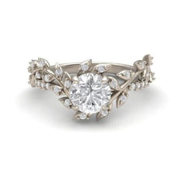 TAAPSEE JEWELS Leaf Women's Engagement Ring Round Cut Cubic Zirconia 14k White Gold Plated