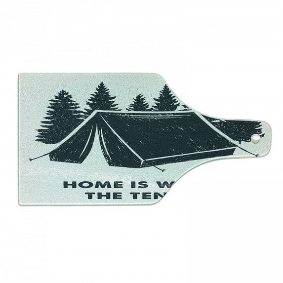 Saying Cutting Board, Home is Where the Tent is Lettering with Pine Trees Camping Travel Theme, Tempered Glass Cutting and Serving Board, Wine Bottle Shape, Dark Blue and White, by Ambesonne