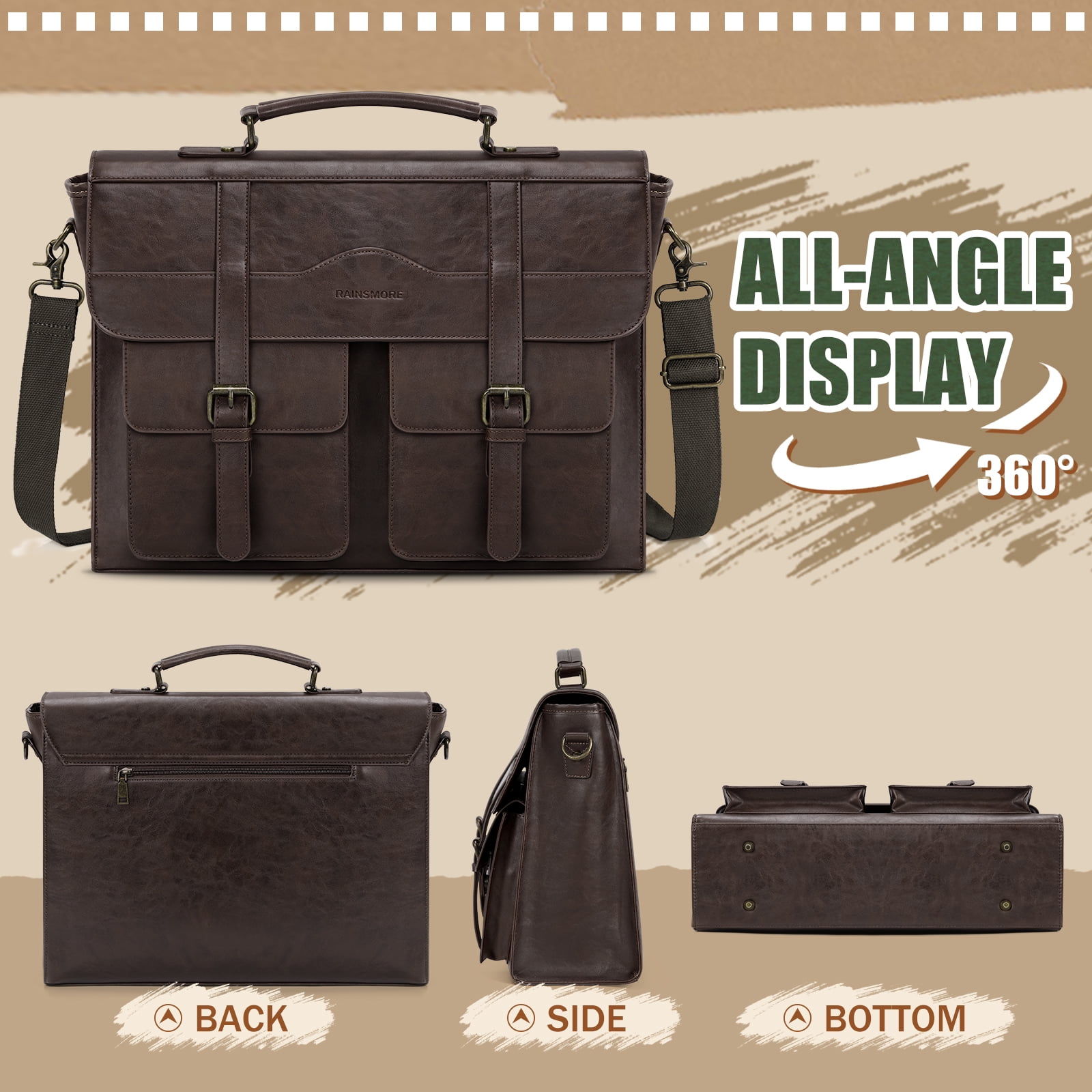 RAINSMORE Mens Messenger Bag 17 Inch Vintage Leather Laptop Bag Magnetic Closure Large Satchel Computer Briefcase Shoulder Bag,Coffee