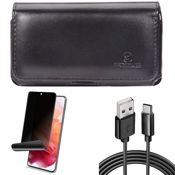 Privacy Screen Protector & 6ft USB Cable & Case Belt Clip for Samsung Galaxy S22 (6.1") - TPU Film Fingerprint Works & Type-C Charger Cord & Leather Swivel Accessory Bundle