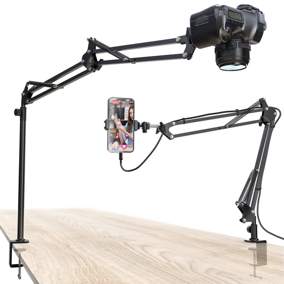CACENCAN Overhead Camera Mount, 5lb Horizontal Load-Bearing, 360° Adjustable Stand for Desk, Flexible Camera Arm Desk Mount, with Phone Clamp, Tabl