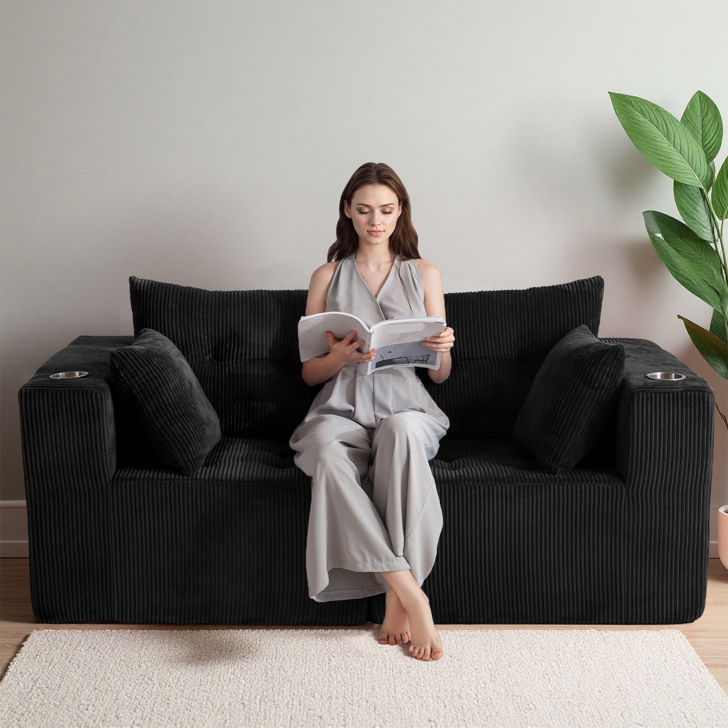 BYBYME 73"Oversized Loveseat Couch,2 Seat Sectional Corduroy Tufted Sofa,Upholstered Symmetrical Cloud Couch with Double Chaise,Wrap Around Sofa for Living Room Apartment Office,Sofa in A Box,Black