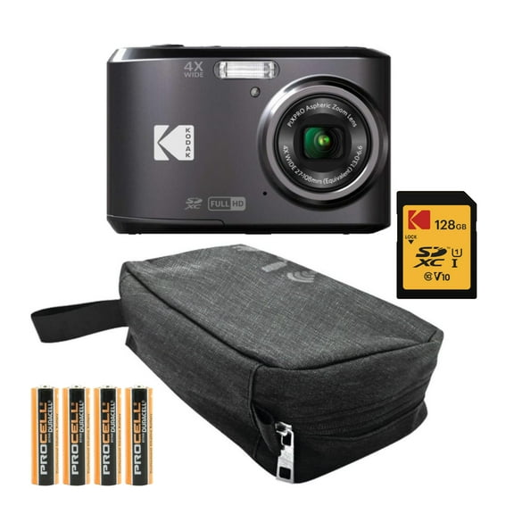 Kodak PIXPRO FZ45 Friendly Zoom Digital Camera (Black) Bundle with Folding Storage Travel Case, 128GB SD Class 10 UHS-I U1 V10 Full HD Memory Card, and Procell AA (4-Pack) (4 Items)
