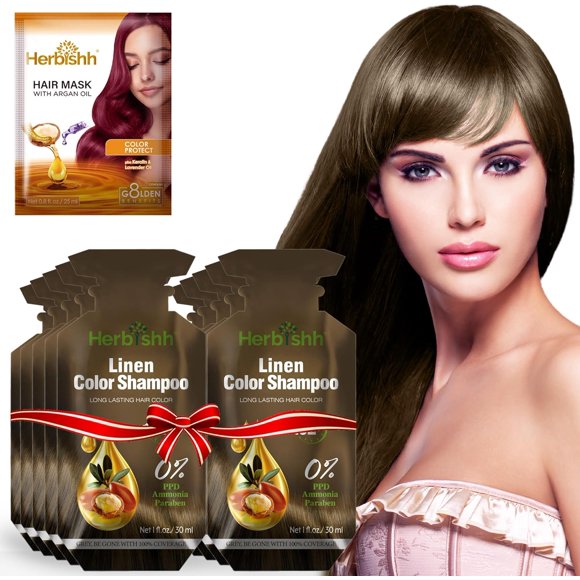 Herbishh Linen PPD-Free Hair Color Shampoo Travel Pouch for Gray Hair, Hair Dye Shampoo 3 in 1, 100% Gray Coverage, Permanent Hair Color for Men & Women, Ammonia-free, (30ml*10)