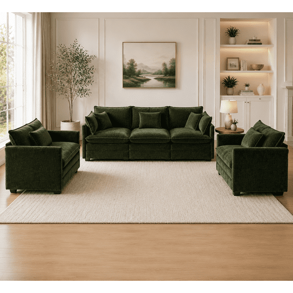 3-Piece Chenille Sofa Set, 5-Seat Living Room Furniture Set with 2 Accent Chairs and 3-Seat Sofa, Modern Round Arm Couch Set, Solid Wood Frame, Green