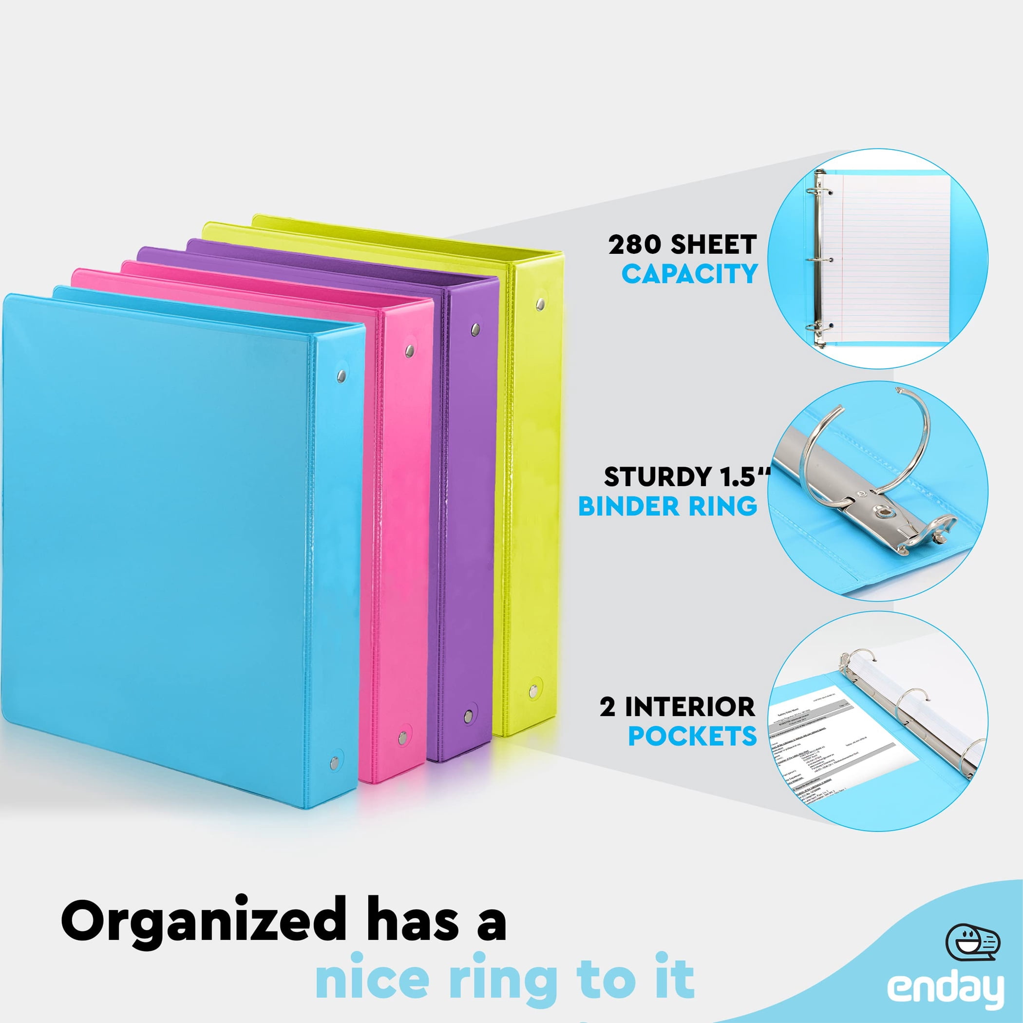 enday 3-Ring View Binder, O-Ring, Assorted Colors, 1-1/2 Inch, Pack of 4