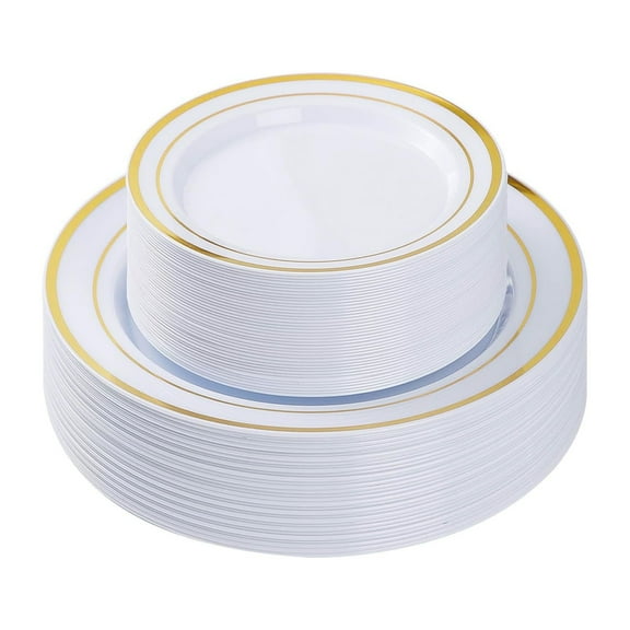 Plastic Dinner Plates Disposable White and Gold Wedding Plates Disposable Set 30 Guests, Elegant Plastic Plates Disposable, Heavy Duty Plastic Plates for Thanksgiving/Christmas（Small plates）