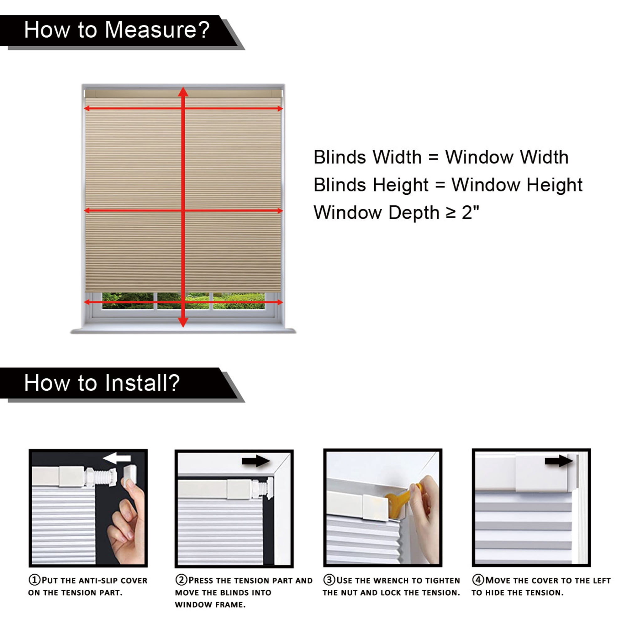 Cordless Cellular Shades No Drill No Tools Blinds Blackout Honeycomb Blinds for Windows Easy to Install Custom Cellular Blinds Privacy Window Blinds Shades, 40 1/2"W x 52"L, Blackout White