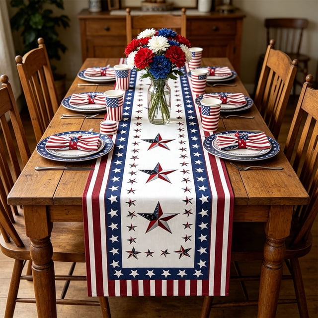 Aufmer 250th Anniversary Independence Day Table Runner Patriotic Themed Decorative Tablecloth Polyester Reusable Cloth Mat For Living Room Coffee Table Kitchen Holiday Layout(L)