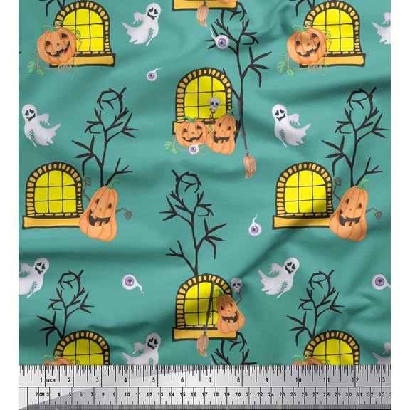 Soimoi Cotton Duck Fabric Haunted House,Pumpkin & Ghost Halloween Printed Craft Fabric by The Yard 42 Inch Wide