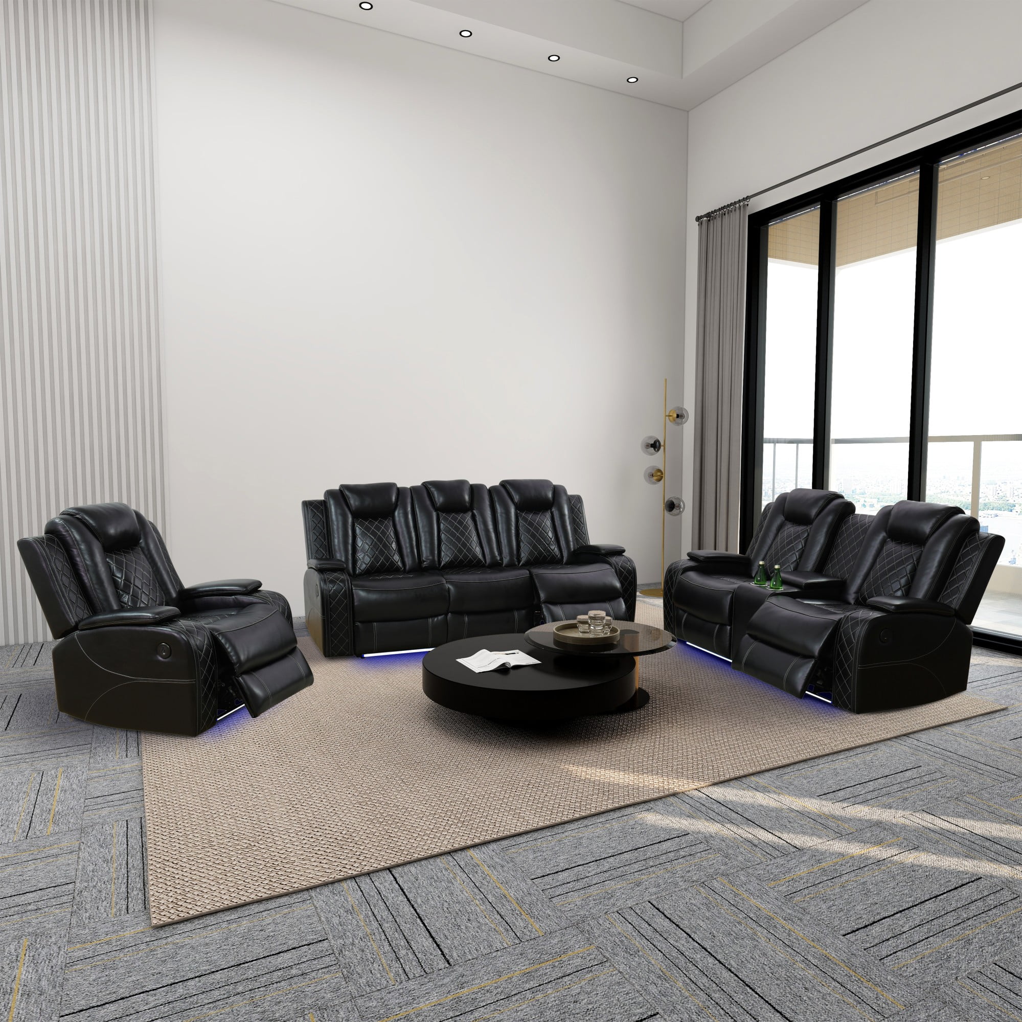Gewnee Black 3-Piece Multifunctional Smart Sofa with Console & Cup Holders, Solid Wood Frame, Double-Layer Springs and Air Leather