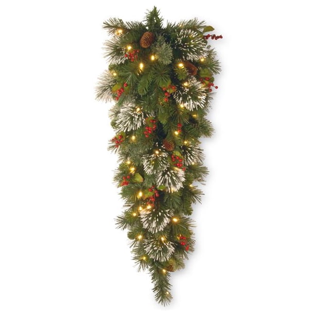 National Tree WP1-338-4TDB-1 4 Pi Hiver Pin Larme Swag avec des Cônes & 44; Baies Rouges & 44; Flocons de Neige & 50 Piles Fonctionnent Doux Blanc LED Lumières