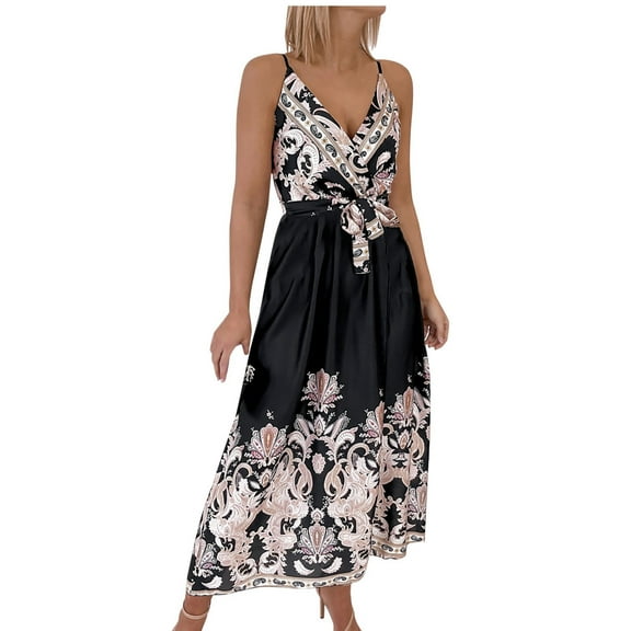 IROINNID Women's A-Line Dress Fashion Summer Adjustable Shoulder Straps Sleeveless Printing Split Dress V-Neck Dress