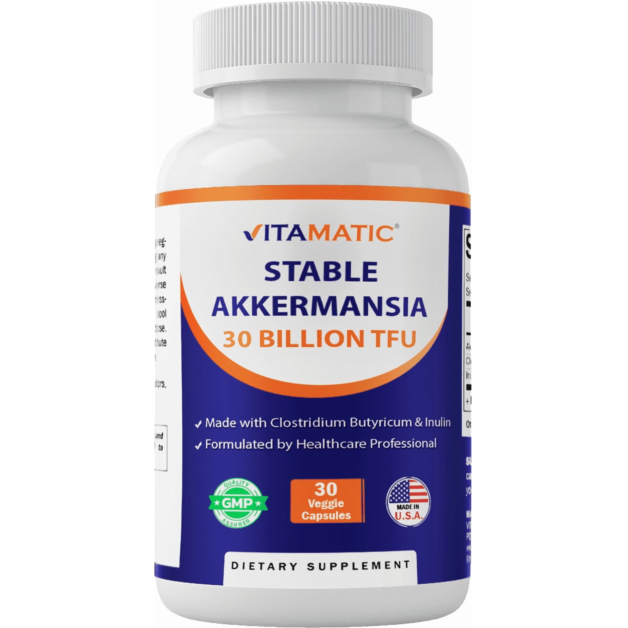 Vitamatic Akkermansia Muciniphila 30 Billion TFU + Clostridium Butyricum + Prebiotic Inulin - GLP-1 Probiotic - 30 Vegan Capsules - 30 Servings