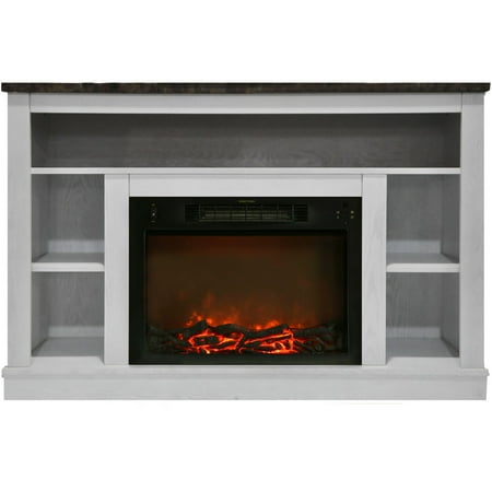

Hanover Oxford 47 In. Electric Fireplace with 1500W Charred Log Insert and A/V Storage Mantel in White