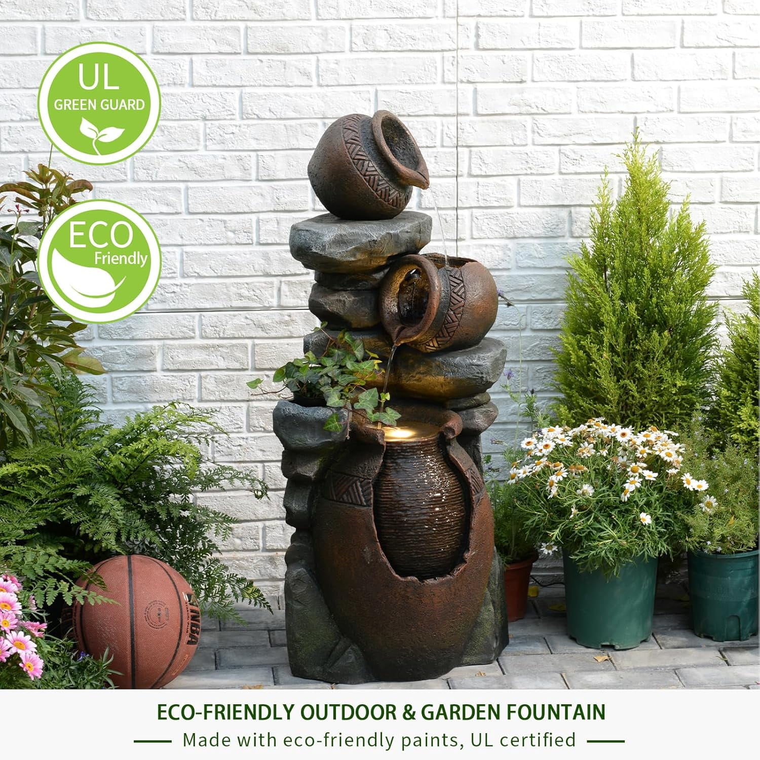 Garden Water Fountain Outdoor Decor - 38.4" 3 Tier Standing Cascading Waterfall Outdoor Water Fountain with LED Lights & Pumps,Natural Design for Garden,Patio, Porch, Backyard, Home Art Decor