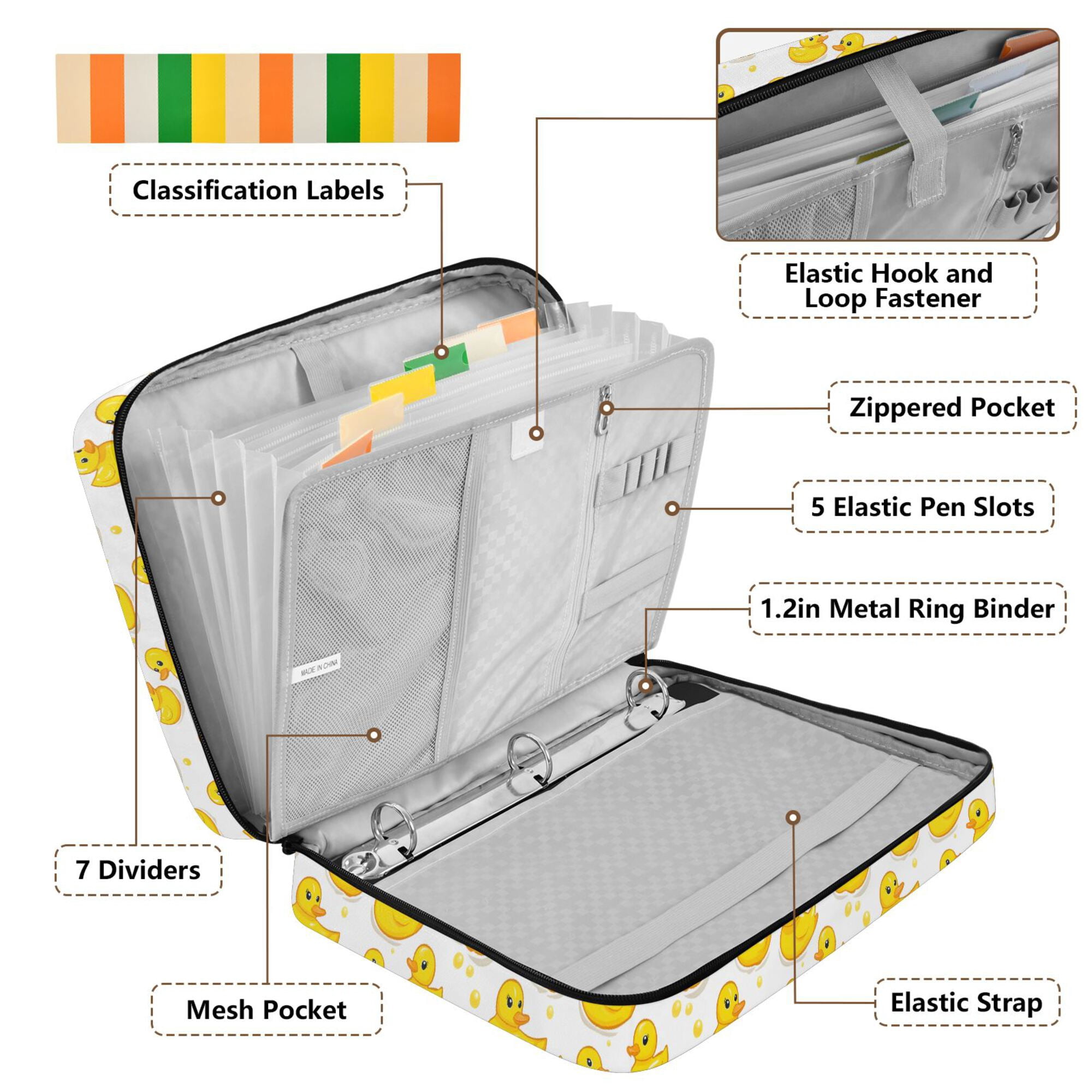 FORMRS Accordion File Folder A4 Size 7-Pocket Expanding Document Organizer Bag with 3 Ring Binder, Yellow Rubber Ducks