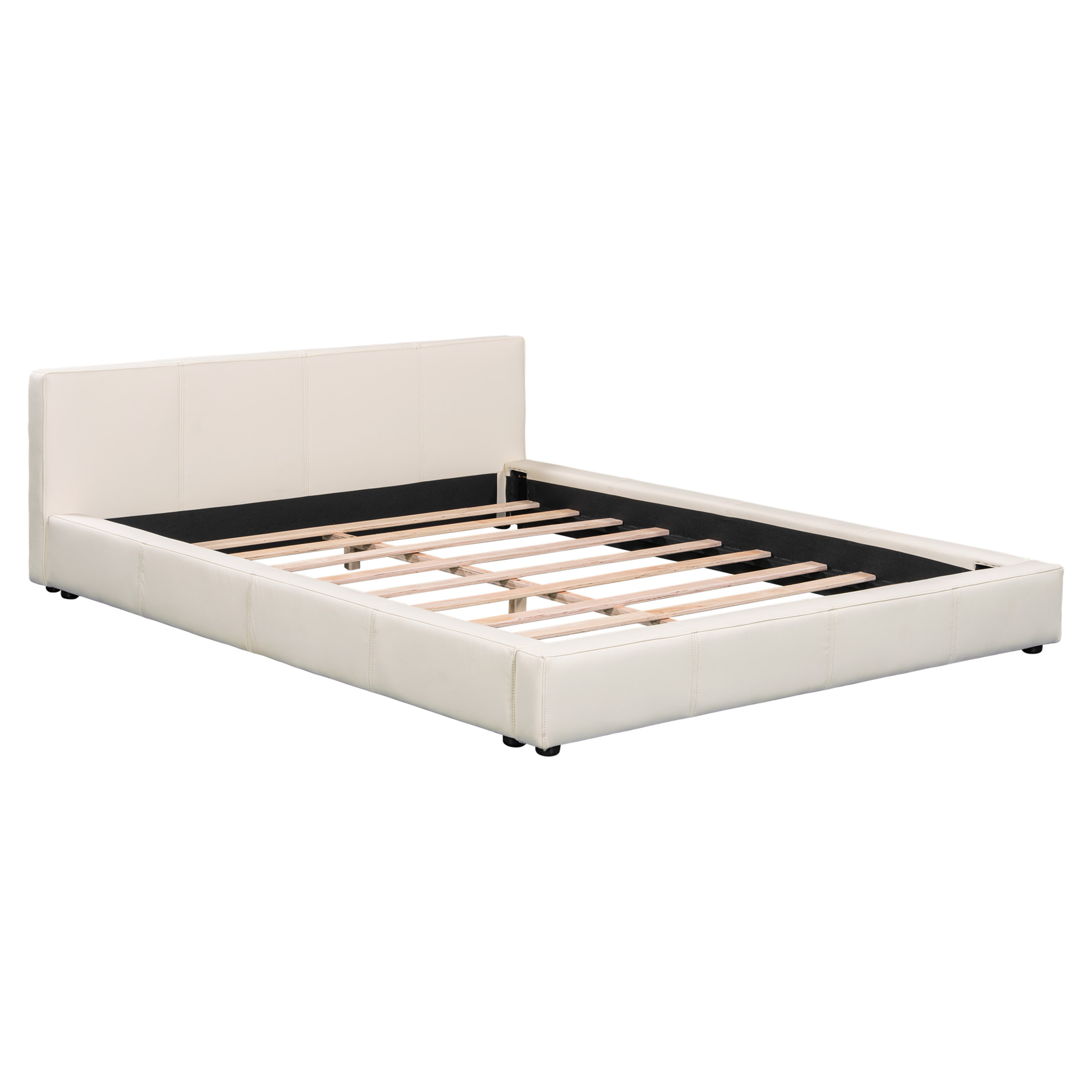 Christopher Knight Home 88" Queen Size Platform Bed Frame, Modern Faux Leather Upholstery, Beige