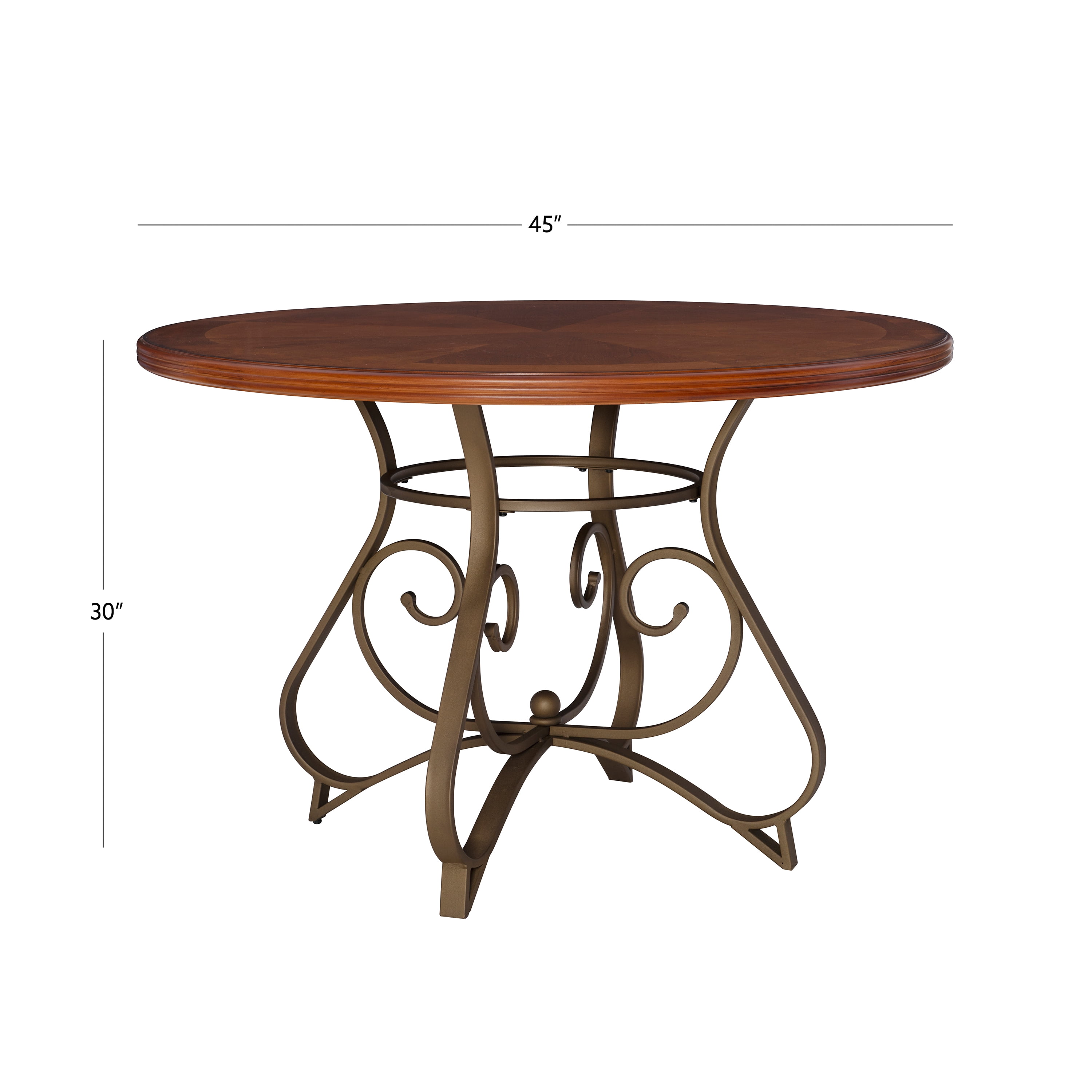 Roselyn 45" Round Dining Table, Brushed Faux Medium Cherry Wood with "Matte Pewter and Bronze" Metal